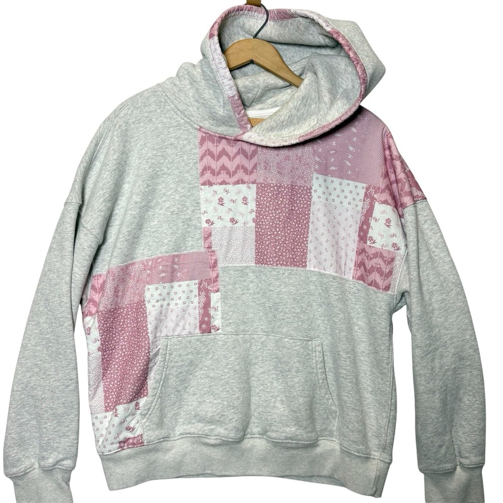 Abercrombie & Fitch Floral Patchwork Hoodie Womens L Gray Pink Soft A&F Pullover